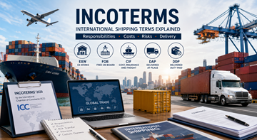 Transporte internacional de carga com contentores, camiões, navios e profissionais de logística a explicar os Incoterms para o comércio global